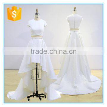 New design two piece front short back long trailing wedding dress