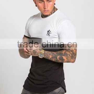 96% Cotton 4% Elastane Mens Gym Fitted Extend Long T-Shirt Short Sleeve Curved Hem Long Tee Tapered 2 Tone Panelled T Shirt