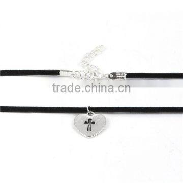 Antique Silver Black Heart Cross 33.5cm Long Velvet Suede Halloween Choker Necklace photo-3