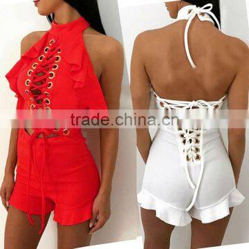 B33751A New autumn fashion wholesale lace up bandage shorts jumpsuit