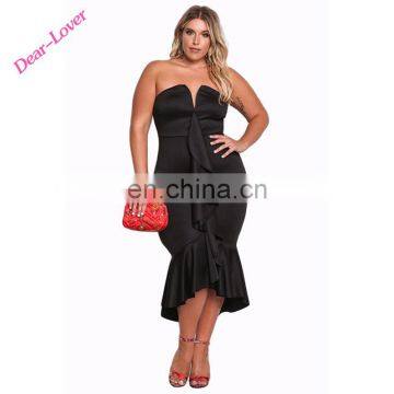 Black Sexy Strapless Sleeveless Ruffle Hi-Lo Women Plus Size Dresses