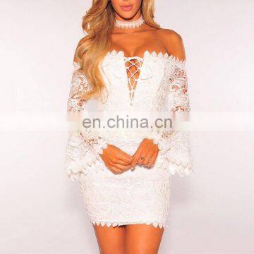 American Style Ladies Sexy Off Shoulder Bell Sleeve White Lace Dress for Elegant Women Party