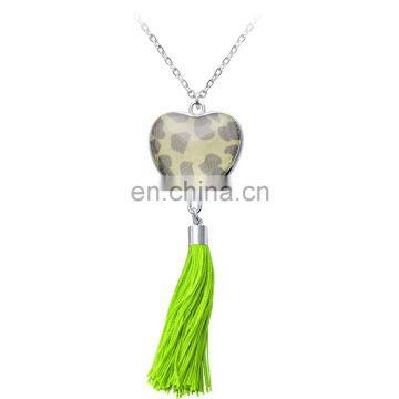 Fashionable New Green Glass Silk Heart Shaped Tassels Pendant Latest Design Simple Sliver Plated Chain Necklaces