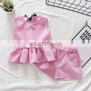 Wholesale price plaid pattern top matching shorts 2pcs girls suit