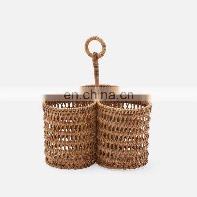 Hot Woven Decorative Vintage Rattan Natural Rattan Wine Caddy Basket High Quality Bottle Holder Wholesale Vietnam Supplier