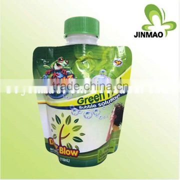 Reusable standing up plastic pouch with big spout for fruit beverage