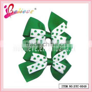 Double layers ribbon bow hairgrips friendly clover grosgrain ribbon hair accessories (SYC-0050)