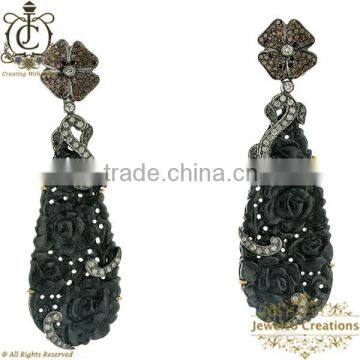 Black Onyx Gemstone Carved Earrings, Diamond Pave Earrings, 14k Gold 925 Silver Jewelry, Gemstone Dangle Earrings Jewelry