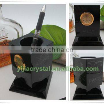 Attractive Rotatable K9 Crystal Pen Holder Office Favor;Fancy Solid Black Crystal Glass Pens Container with Inserted Gold Clock