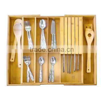 Expandable Bamboo Utensil Organizer with Knife Block Compact storage Tray holder Cutlery flatware, Silverware and Accessories