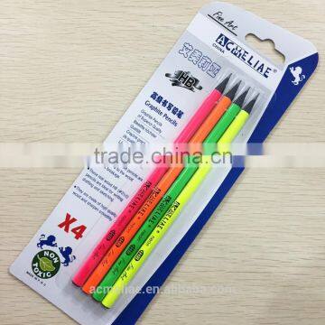 7" standard size round shape neon color body black wood blister card HB pencil sharpened with dipped top