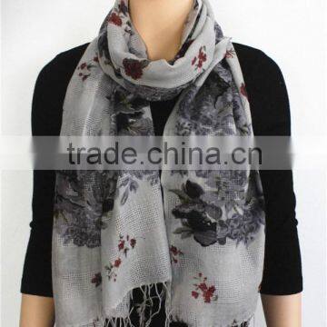 Grey Floral Printed Wool Scarf with Metal