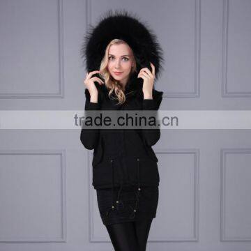 Winter warm vest parka black fake fur lining big raccoon fur collar jacket gilet