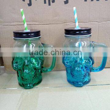Beautiful Colored With Lid & Drinking Straw Glass Skull Head Mason Jar With Handle