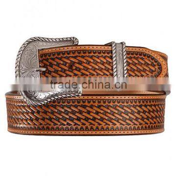 Western mens' Black & brown silver-tone buckle belt basketweave leather belt