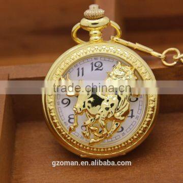 luxury gold stainless steel skeleton horse pocket watch quartz in bulk