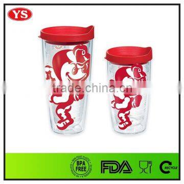 Translucent 24 oz plastic double wall acrylic drink tumbler with push lid red