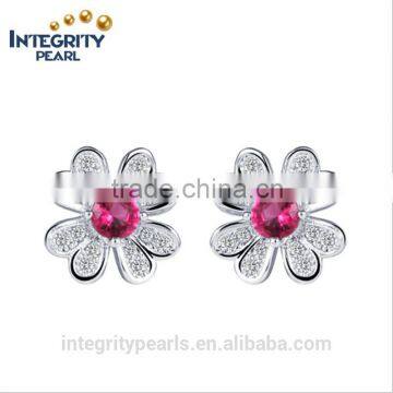 2016 fashion simple flower shaped red ruby girl earring silver