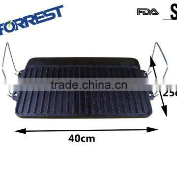 rectangular cast iron BBQ grill pan with stainless steel handles