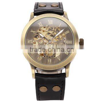 Cool Bronze Case Mens Skeleton Analog Brown Leather Band Self Winding Mechanical Watch