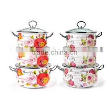 Red Rose Full Decal Belly Casserole Cooking Pot 6Pcs Enamel Casserole Set With Stainless Steel Handle