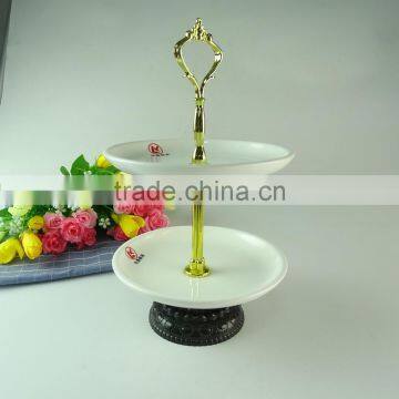 Wholesale Stocked porcelain two layers cake stand for food, porcelain fruit plate with gold line,wedding cake use