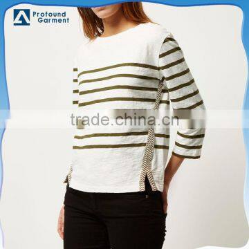 Custom blank long sleeve striped t shirt for women with side splits