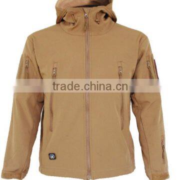 wholesale mens khaki multi pocket softshell jacket with connected hood