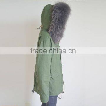 Myfur Customized Army Green Shell Parka Coat With Real Fur Hooded Faux Fur Lining photo-4