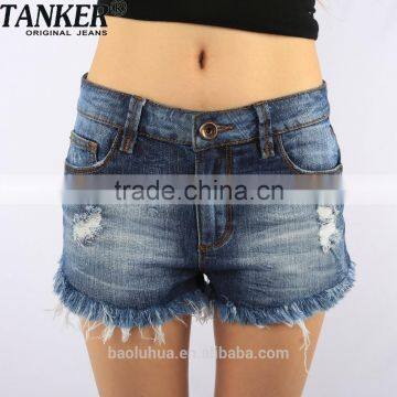 S1568 Sexy Hot Girls Dark Wash Flared Ripped Denim Mini Shorts With Bottom Hem Fringes Pants photo-3