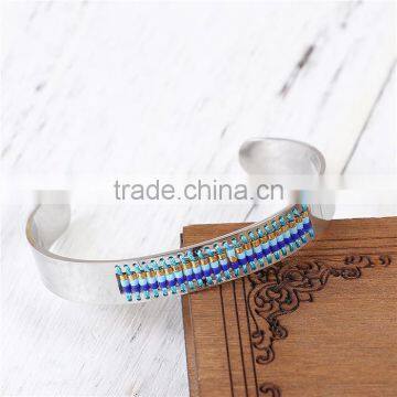 Titanium Steel Seed Beads Open Cuff Bangles Bracelets Silver Tone White & Blue photo-2
