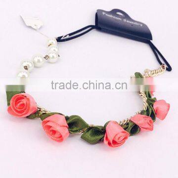 Fashion Hot Red Fabric Chiffon Rose Flowers Elastic Chain Headband Pearls Hairband Hair Necklace Head Ornament Accessories photo-3