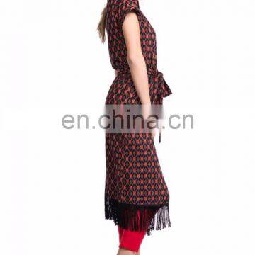 Newest Design Tie Waist and Fringe Bottom Original Cut Ladies Long Vest Women