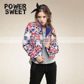 english flag printed short length stand collar oblique zipper down coats for elegant girls