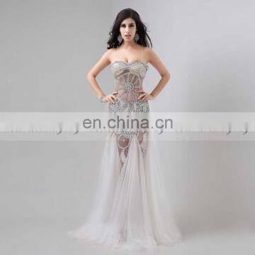 Real Photo Sexy Strapless See Through Tulle Mermaid Heavy Crystal Beaded Evening Dresses AJ030