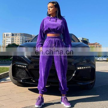 2020 New Arrive Women 2 Piece Crop Drawstring Velvet Jogger Hoodie Set