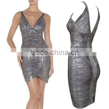 2015 New HL Sleeveless Deep V-neck Gold Silver Black Foiling Print Bandage Dress Sey Elegant Cocktail Bodycon Women Party Dress