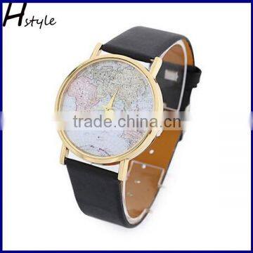 World Map Leather Watches Unisex Mini World Analog Quartz Watch Black WP011