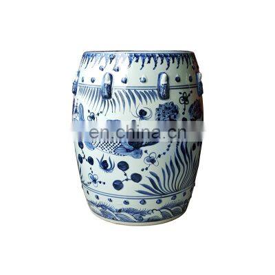 Chinese hand painted fish pattern blue and white art ceramic porcelain stool