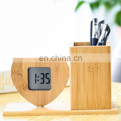 Multifunctional bamboo table pen pencil holder for desk clock creative desktop stationery clock digital