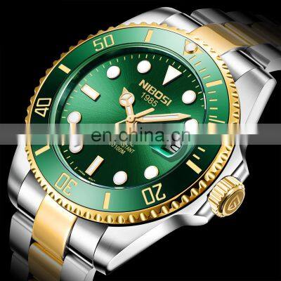 Nibosi  Automatic Men's Mechanical watch green water ghost waterproof luminous calendar steel strap watch  2395