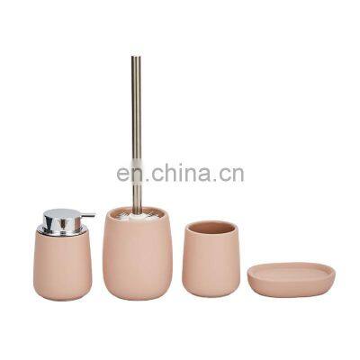 Bathroom Accessories Set Scandi Water Drop Shape Stoneware Rubber Coating Soap Dispenser Tumbler Soap Dish Toilet Brush Holder