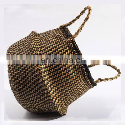 HBK Handmade Foldable Nature Plant Toys Kid Flower Seagrass Laundry Belly Basket With Handle photo-3