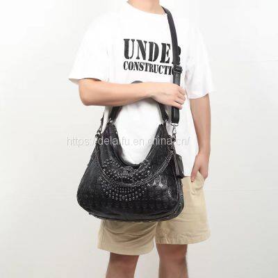 Punk Style Unisex Leather Handbag Large Capacity Portable Rivet Bag photo-5