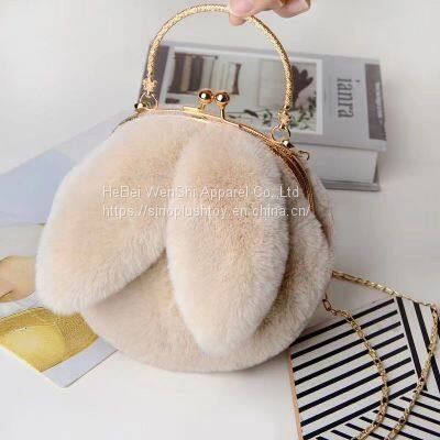 010Plush Bag Female Oblique Fashion Crossbody Shoulder Bag Lovely Chain Women Handbag Autumn Winter Rabbit Ear Clip Mouth Bag