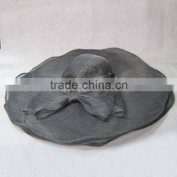 Grey Wide Brim Sinamay Church Hat With Ribbon