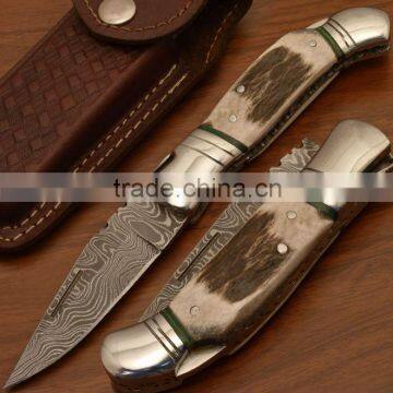 udk f206" custom handmade Damascus folding knife / pocket knife with steel bolster and Stag handle