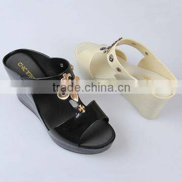 Cheap Ladies Pvc Slippers Solid Colour Wedge Cool Clippers Metal Decorative Slippers