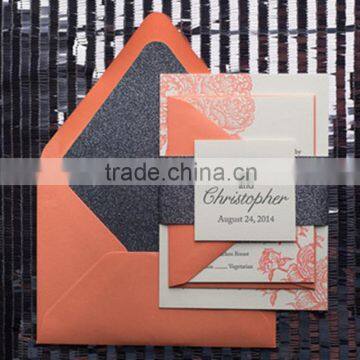 Hot sale romantic & elegant orange glitter pocker fold wedding invitations with rose pattern                        
                                                Quality Choice