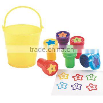 2016 Promotional Toy Mini Plastic Yellow Pail Filled with Star Stampers Cheap Self Inking Stamp with Rubber Stamps For Kids